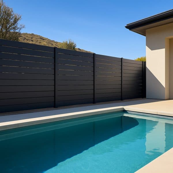 Black semi-privacy aluminum fencing with 6-inch horizontal slats providing modern poolside screening