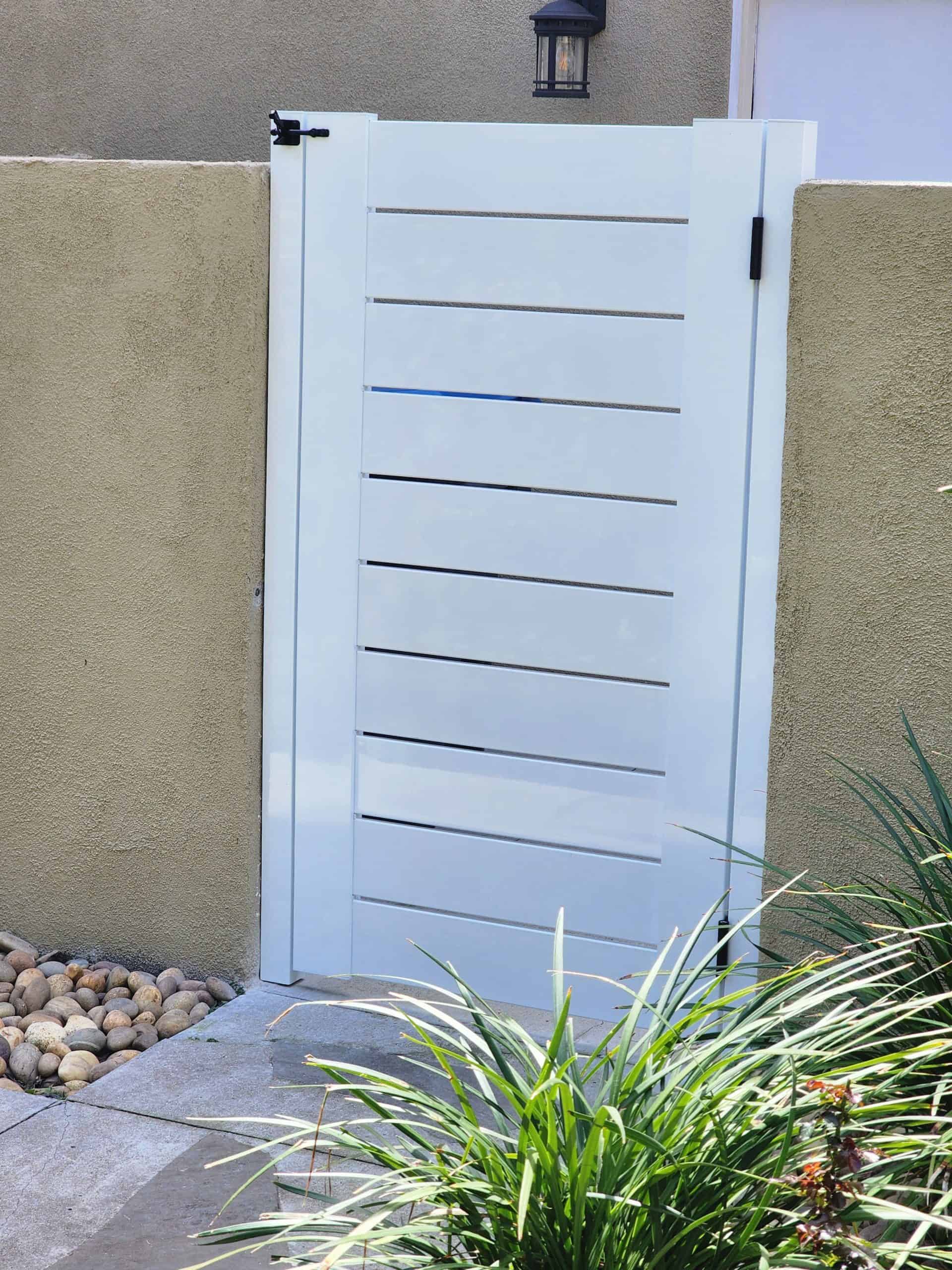 DIY white aluminum horizontal slat gate kit, semi-privacy design with 6-inch slats and gate panel, easy homeowner installation