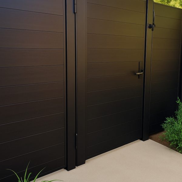 Tall black aluminum privacy gate providing security and sleek design for backyard access