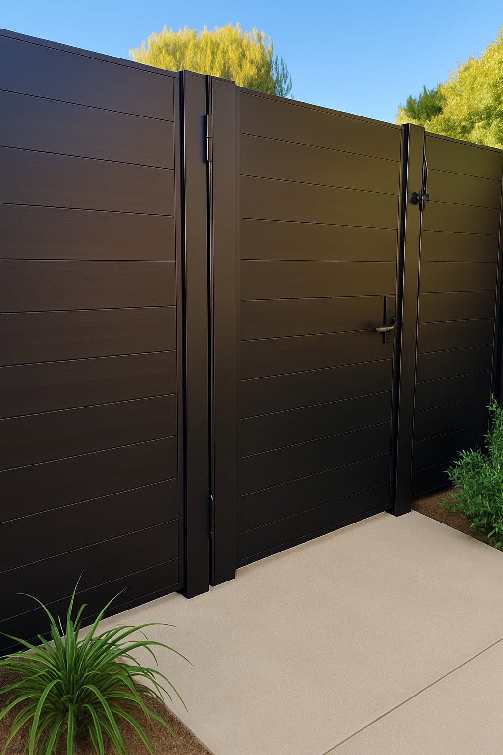Tall black aluminum privacy gate providing security and sleek design for backyard access