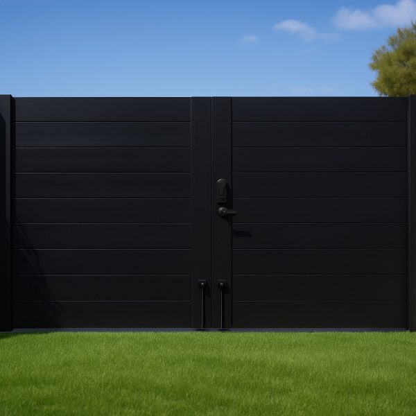 Contemporary double entry gate in aluminum with horizontal slats and decorative landscaping