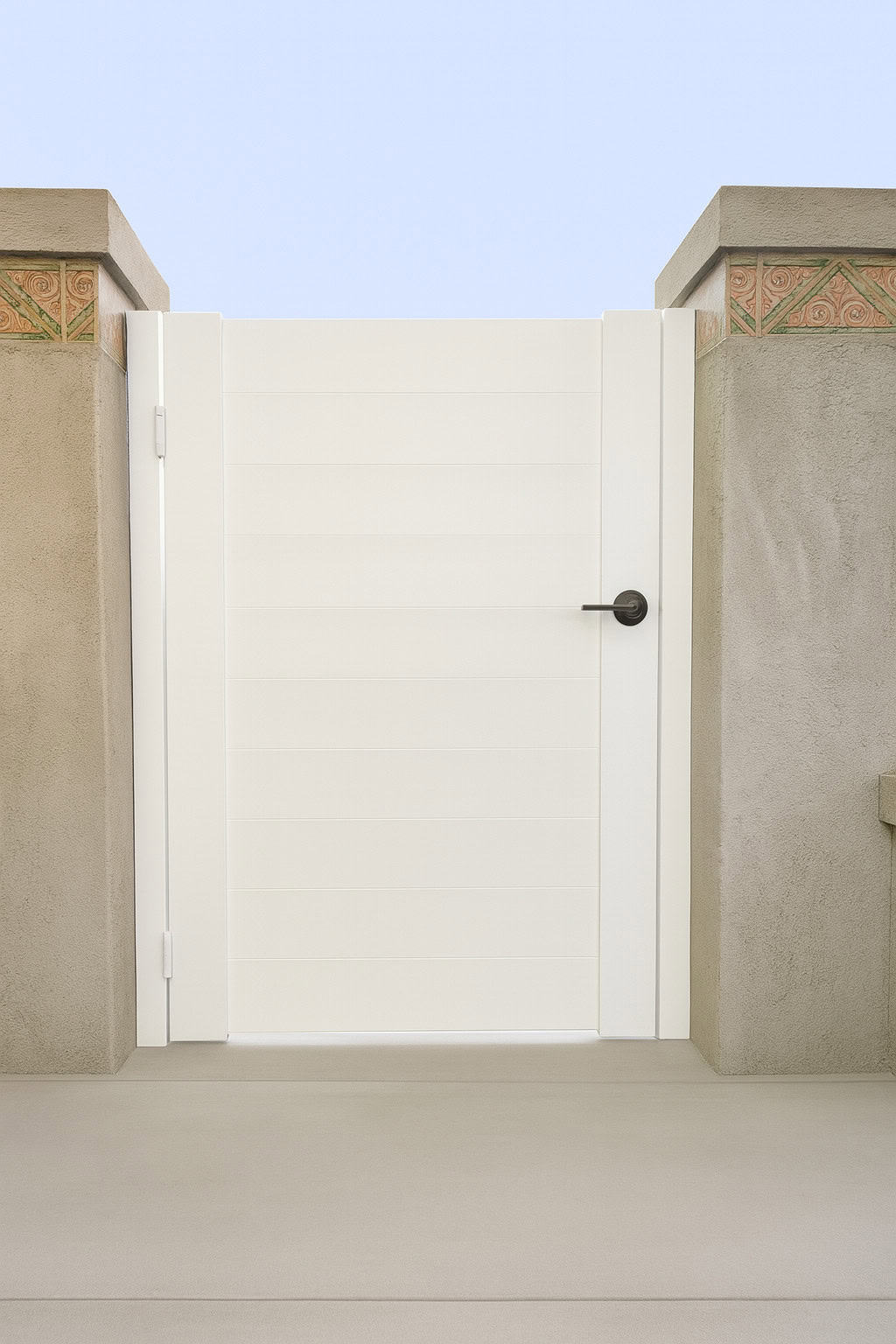 Residential courtyard access with sleek white aluminum horizontal privacy gate