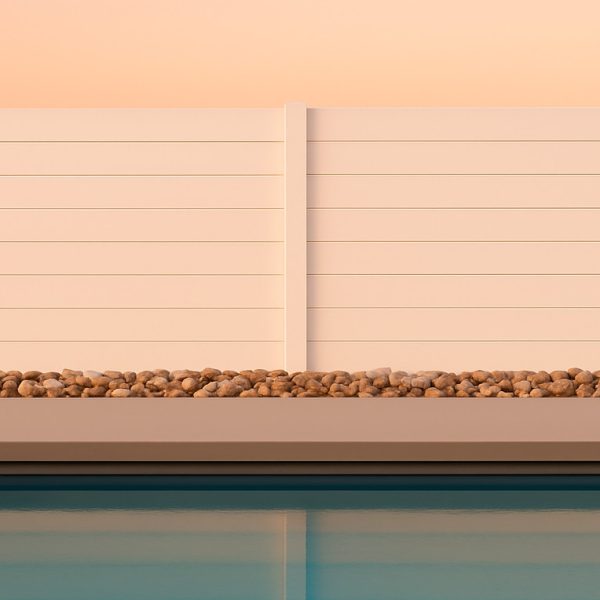 Stylish white aluminum horizontal slat fence enclosing swimming pool area with decorative rocks