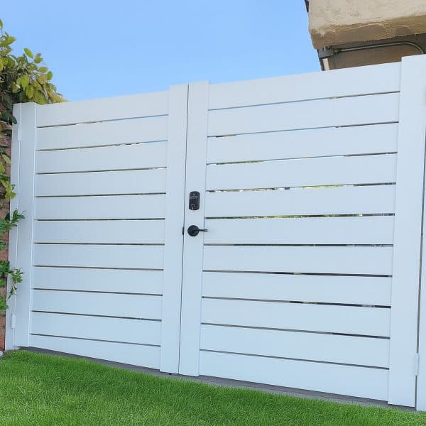 White aluminum horizontal slat double gate with semi-privacy design and lockable latch