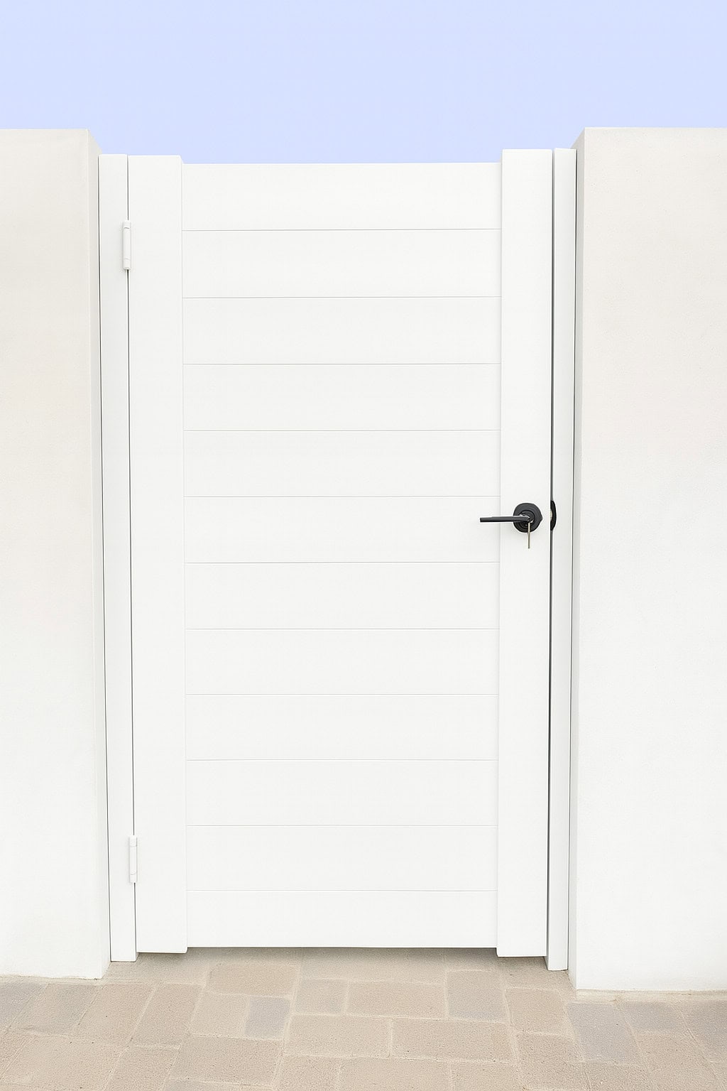 White aluminum horizontal slat pedestrian gate with privacy design for side yard entry