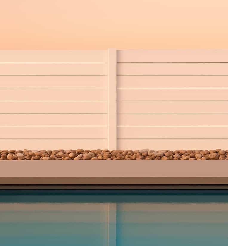 Backyard design with white aluminum privacy fence and poolside stone landscaping Black Aluminum Horizontal Slat 6 ft Semi-Privacy Fence Panels